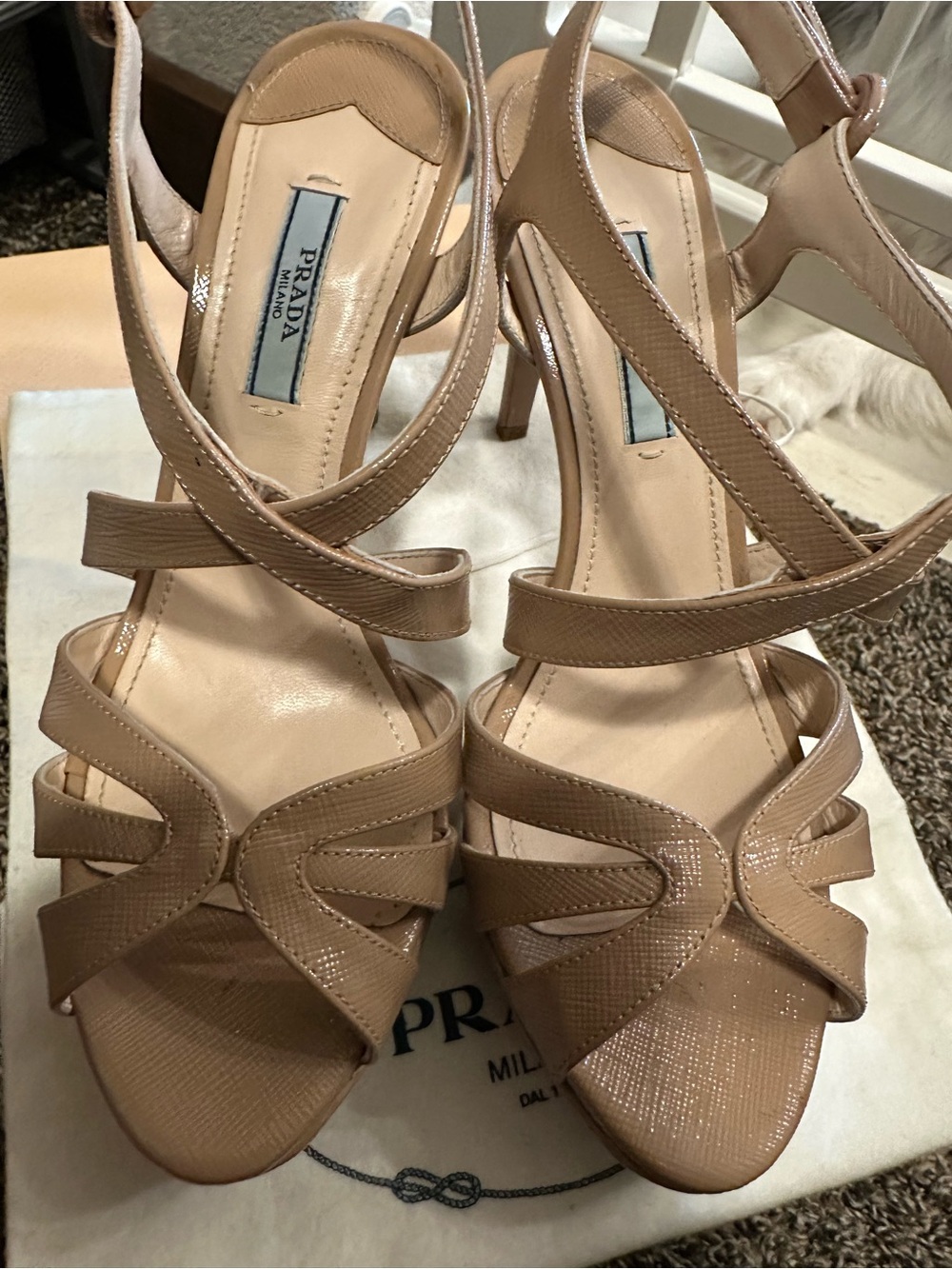 Prada Women's Strappy High Heel Sandals in Nude Textured Paten size 38. Worn 1x